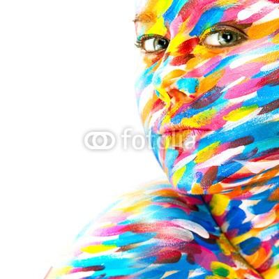 Mykhailo Orlov, Portrait of the bright beautiful girl with art colorful make-up (frau, mädchen, weiblich, gesicht, kunst, malen, emotion, coloured, portrait, person, ethnie, erwachsen, leute, farbe, makeup, kaukasier, gestalten, hübsch, fantasy, kreativität, farbe, blau, schönheit, schöner, sinnlichkeit, grün, gelb, glamour, stag)