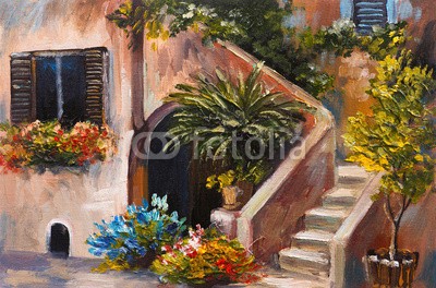 max5799, oil painting - summer terrace, colorful flowers in a garden, house in Greece (malerei, öl, abbildung, bunt, blume, terrassen, sommer, reisen, artwork, italien, architektur, kunst, haus, froh, landschaft, schöner, backgrounds, natur, textur, licht, bunt, hell, anblick, gebäude, stadt, tourismus, urlaub, canvas, panorama, mittelmee)