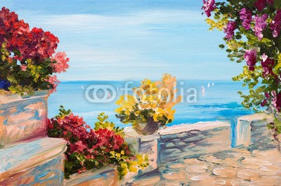 max5799, Oil painting landscape - terrace near the sea, flowers (malerei, wasser, öl, küste, seaside, meer, backgrounds, schöner, blau, anblick, natur, terrassen, stadt, himmel, canvas, naples, gebäude, froh, landschaft, kunst, sommer, bild, textur, weiß, bunt, hell, reisen, baum, architektur, haus, tourismu)
