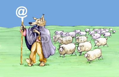 nuvolanevicata, wolf (wölfe, schaf, herde, verfolgen, network, glauben, komik, schlau, gefahr, steuern, datenschutz, konzept, surreal, fantasy, charakter, cartoons, sarkasmus, wiese, pastor, ble)