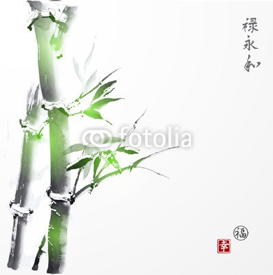 elinacious, Card with green bamboo in sumi-e style. Contains hieroglyphs luck, happiness (stamps), well-being, eternity, harmony (bambus, vektor, malerei, backgrounds, china, tapete, natürlich, orientalisch, grün, weiß, gelassenheit, chinese, peace, leaf, kultur, symbol, vorlage, licht, grafik, ost, schwarz, asien, abstrakt, tinte, abbildung, zen, artwork, bürste, traditio)