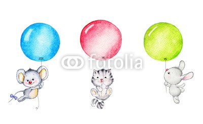 ciumac, Mouse, kitten and bunny  flying on balloons (katze, urlaub, set, abbildung, kinderzimmer, bemalt, stift, rot, blau, grün, sprechblase, geburtstag, maus, katzenbaby, schmetterling, hase, freudig, hase, hase, spassig, süss, kunstvoll, schöner, karte, cartoons, farbe, kunst, hübsch, zeichnun)