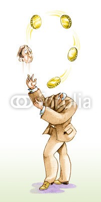 nuvolanevicata, lose your head (mann, münze, geld, ethik, jongleur, spiel, ernst, verloren, think, dummheit, wirtschaft, verkaufen, konzept, surreal, fantasy, charakter, cartoons, sarkasmu)