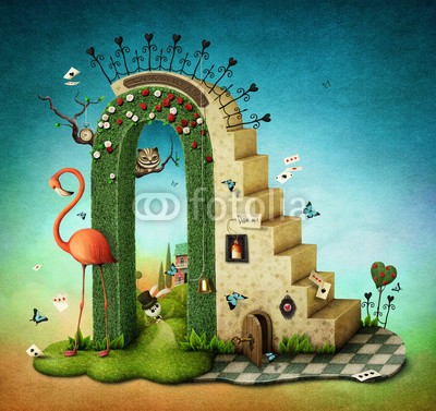 annamei, Illustration or poster with  stairs and green arch with fabulous items (abbildung, märchen, story, buch, deckung, drucken, mag, alice, cartoons, zeichnung, entwerfen, konzept, ideen, vorstellung, inspiration, wonderland, flamingo, treppe, wölben, rosé, installation, konstruktion, seil, schelle, uhren, karte, zaun, hase, bau)
