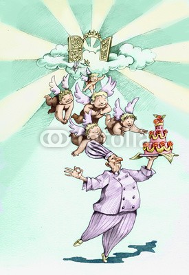 nuvolanevicata, A cake catching angels (kochen, kochen, brot, kuchen, brownie, kompetenz, güte, engel, cherub, entfliehen, rennen, paradise, entfaltet, sehnsucht, verführung, feeds, essen, präsentation, aroma, völlerei, dankbar sein, ernährung, diät, foodie, abbildung, backgrounds, konzep)