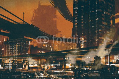 grandfailure, sci fi scene showing futuristic industrial cityscape,illustration (acryl, kunst, kunstvoll, artwork, farbe, entwerfen, abbildung, öl, malerei, stil, wasserfarben, zukunft, stadt, fiktion, backgrounds, wissenschaft, stadtlandschaft, urbano, architektur, skyscraper, gebäude, cartoons, szene, himmel, spiel, futuristisc)