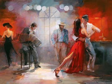 Willem Haenraets, Tango (Malerei, Figural, People & Eros, Gastronomie, Musiker, Tänzer, Tango, Tanz, Bandoneon, Bar, Modern, Wohnzimmer, Tanzschule, bunt)