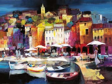 Willem Haenraets, Seaport Town II (Malerei, Stadt, See, Uferpromenade, Boote, Architektur, Häuser, mediteran, Abendstimmung, Wasser, Reflexionen, Spiegelungen, bunt)