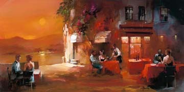 Willem Haenraets, Dinner for two I (Wunschgröße, Restaurant, Landgasthaus, Gasthaus, Menschen, Kellner, Paar, Romanze, Liebespaare, Abendstimmung, Sonnenuntergang, Wohnzimmer, Bistro, Gastronomie, bunt)