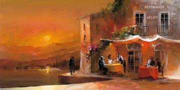 Willem Haenraets, Dinner for two II (Wunschgröße, Restaurant, Landgasthaus, Gasthaus, Menschen, Kellner, Paar, Romanze, Liebespaare, Abendstimmung, Sonnenuntergang, Wohnzimmer, Bistro, Gastronomie, bunt)