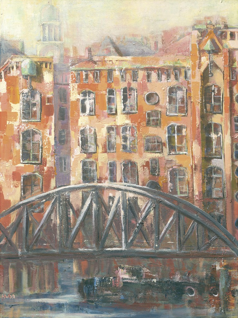 Helma Wolff, Speicherstadt VII (Hamburg, Stadt, Speicherstadt, Brücke, Archiektur, Häuser, moderne Malerei, zeitgenössische Malerei, Abstraktion, Wohnzimmer, Büro, bunt)