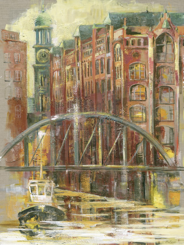 Helma Wolff, Speicherstadt XIII (Hamburg, Stadt, Speicherstadt, Brücke, Archiektur, Häuser, moderne Malerei, zeitgenössische Malerei, Abstraktion, Wohnzimmer, Büro, bunt)