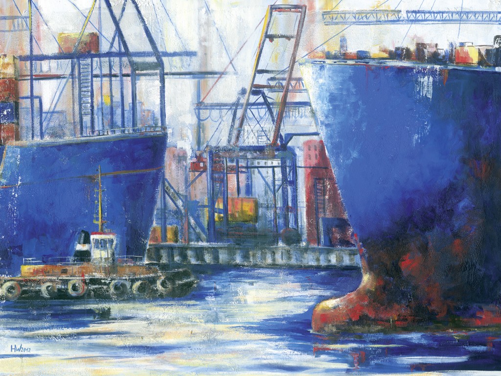 Helma Wolff, Blaue Stunde im Hafen II (Hamburg, moderne Malerei, zeitgenössische Malerei, Abstraktion, Wohnzimmer, Büro, bunt)
