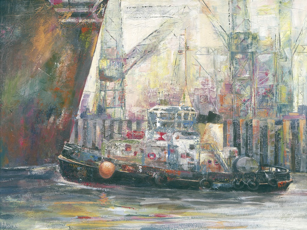 Helma Wolff, Schlepper I (Hamburg, Boot, Schiff, Schlepper, Hafen, moderne Malerei, zeitgenössische Malerei, Abstraktion, Wohnzimmer, Büro, bunt)