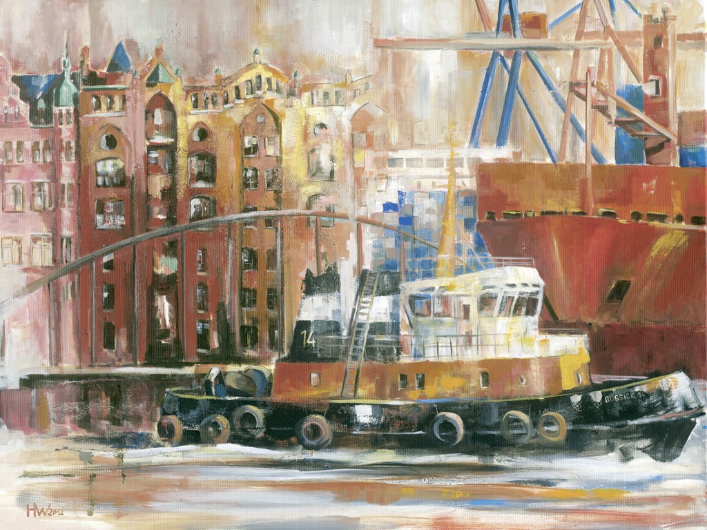 Helma Wolff, Hamburger Fleet (Hamburg, moderne Malerei, zeitgenössische Malerei, Abstraktion, Wohnzimmer, Büro, bunt)