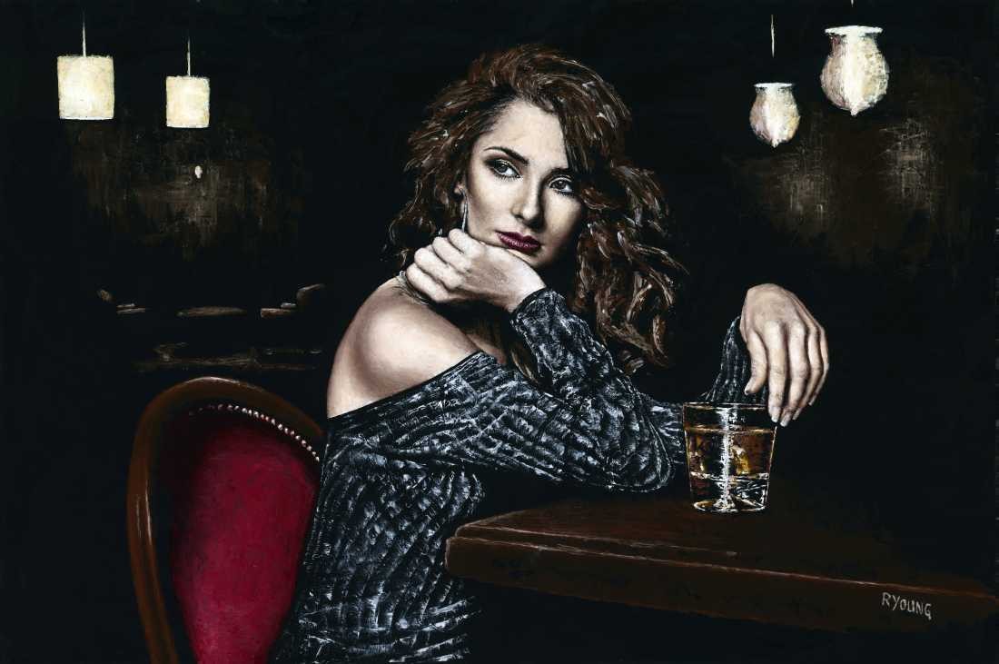 Konfiguration benutzen (Frau, Eleganz, Whisky, Wartende, nachdenklich, Nachtszene, Malerei, zeitgenössischer Realismus, Wohnzimmer, Bar, Esszimmer, Wunschgröße, bunt)