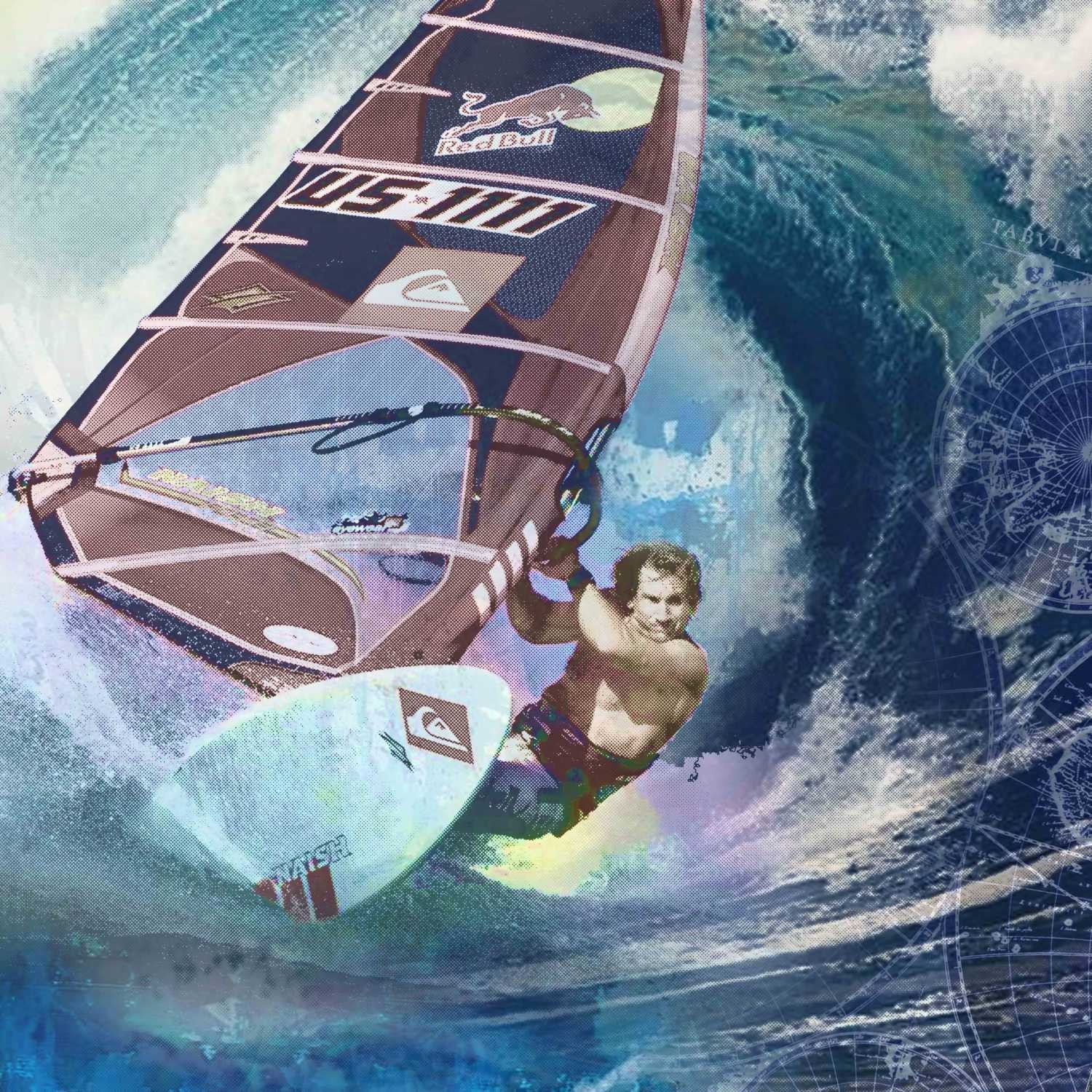 Peter Sander, Windsurfer RobbyNaish (Meer, Surfer, Welle, Wassersport, Fotokunst, Persönlichkeiten, Popart, modern, illustrativ, Wunschgröße, Treppenhaus, Wohnzimmer,)