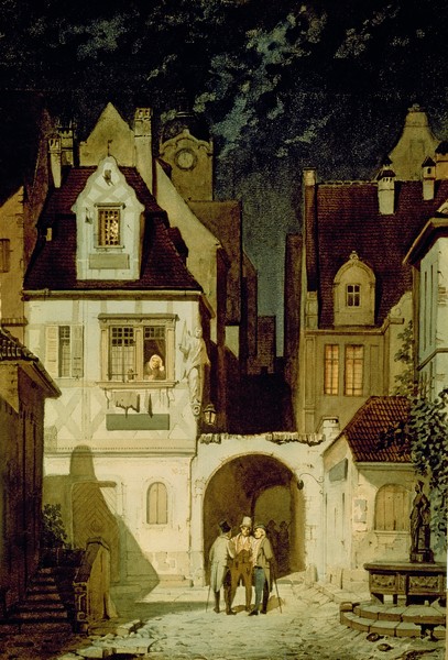 Carl Spitzweg, A Corner of a German Town by Moonlight (w/c on paper) (Stadt, Häuser, Architektur, Nachszene, Straßenszene, drei Männer, Gespräch, Malerei, Klassiker, Wunschgröße, Spätromantik, Wohnzimmer, bunt)