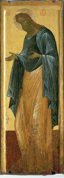 Andrei Rublev, St. John the Forerunner, from the Deisis tier of the Dormition Cathedral in Vladimir (tempera on panel) (Ikone, 14. Jahrhundert, Johannes der Täufer, Klassiker, russisch, Ikonenmalerei, Schlafzimmer, Wohnzimmer, Wunschgröße, gold/bunt)