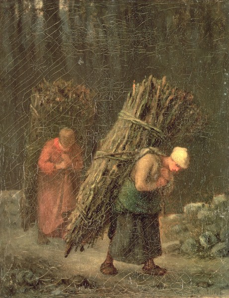 Jean-Francois Millet, Peasant Women with Brushwood, c.1858 (oil on canvas) (Landwirtschaft, Landarbeit, Reisigbündel, Waldarbeit, Reisigsammlerinnen, mühsam,  Bauerngenre, Realismus, Malerei, Wohnzimmer, Klassiker, Wunschgröße, bunt)