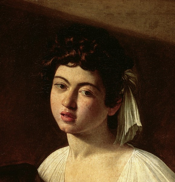 Michelangelo Merisi da Caravaggio, The Lute Player, c.1595 (oil on canvas) (detail of 2639693) (Musiker, Lautespieler, Gesind, Bildnis, Portrait, Junge, Schönling, Jüngling, Klassiker, Barock, Esszimmer, Wohnzimmer, Malerei, Wunschgröße, Detail bunt)