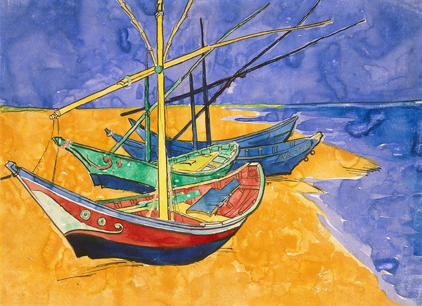 Vincent van Gogh, Fishing Boats on the Beach at Saintes-Maries-de-la-Mer (pen & ink with w/c on paper)