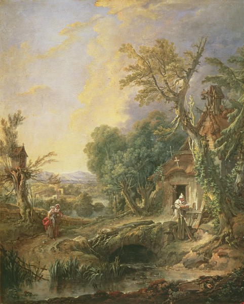 Francois Boucher, Landscape with a Hermit, 1742 (oil on canvas) (Einsiedler, Einsamkeit, Hütte,  ländlich, bäuerlich, Genre, idealisiert, Idylle,  Landschaft, Rokoko, Malerei, Klassiker, Wunschgröße, Wohnzimmer, Schlafzimmer, bunt)