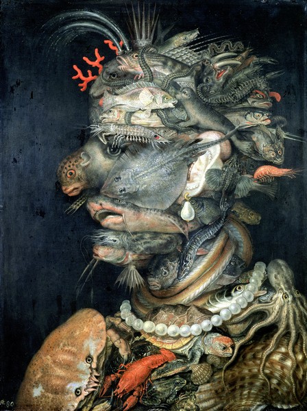 Giuseppe Arcimboldo, Water, (oil on canvas) (Wunschgröße, Gesicht, Portrait,  Fischkopf, Meeresgetier, Muscheln, Fische, Korallen, Perlen, Elemente, Wasser, bizarr, Manierismus, Allegorie, Figurativ, Klassiker, Wohnzimmer, Esszimmer, bunt)