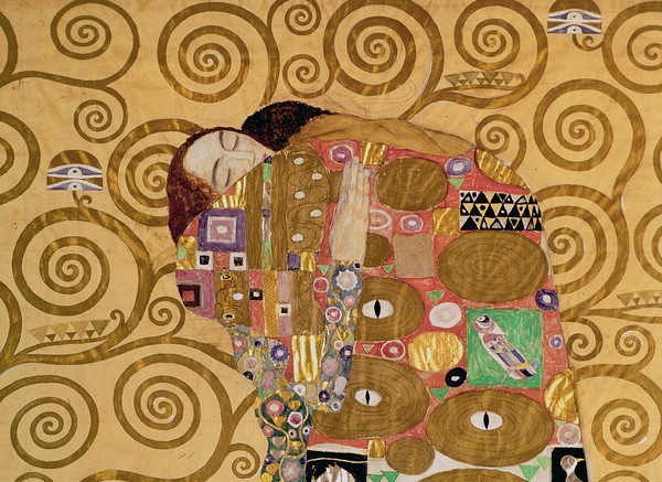 Gustav Klimt, Fulfilment (Stoclet Frieze) c.1905-09 (tempera, w/c) (detail of 65884) (Klassische Moderne, Malerei, dekorativ, Jugendstil, Eros&People, Frau, Mann, Umarmung, Erfüllung, Ornamente, geometrische Formen, Wunschgröße, Wohnzimmer, Treppenhaus, Schlafzimmer,  gold/bunt)
