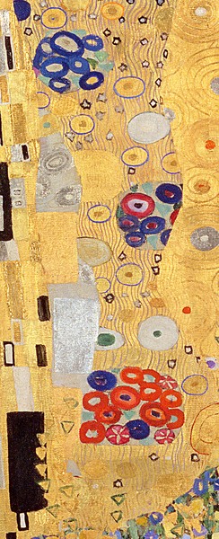 Gustav Klimt, The Kiss, 1907-08 (oil on canvas) (detail of 601) (Klassische Moderne, Malerei, dekorativ, Jugendstil, Eros&People, Frau, Mann, Umarmung, Kuss, Detail, Ornamente, geometrische Formen, Wunschgröße, Wohnzimmer, Treppenhaus, Schlafzimmer,  gold/bunt)