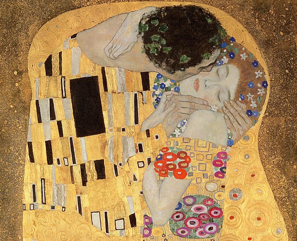 Gustav Klimt, The Kiss, 1907-08 (oil on canvas) (detail of 601) (Klassische Moderne, Malerei, dekorativ, Jugendstil, Eros&People, Frau, Mann, Umarmung, Kuss, Detail, Ornamente, geometrische Formen, Wunschgröße, Wohnzimmer, Treppenhaus, Schlafzimmer,  gold/bunt)