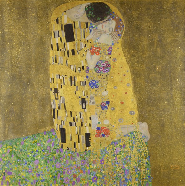 Gustav Klimt, The Kiss, 1907-08 (oil on canvas) (Klassische Moderne, Malerei, dekorativ, Jugendstil, Eros&People, Frau, Mann, Umarmung, Erotik, Ornamente, geometrische Formen, Wunschgröße, Wohnzimmer, Treppenhaus, Schlafzimmer,  gold/bunt)