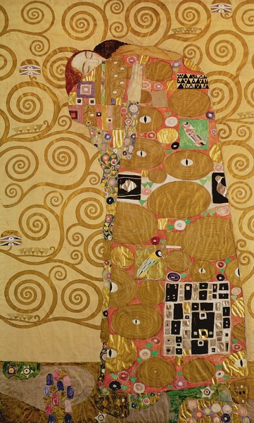 Gustav Klimt, Fulfilment (Stoclet Frieze) c.1905-09 (tempera, w/c) (see 259350 for detail) (Klassische Moderne, Malerei, dekorativ, Jugendstil, Eros&People, Frau, Mann, Umarmung, Erfüllung, Ornamente, geometrische Formen, Wunschgröße, Wohnzimmer, Treppenhaus, Schlafzimmer,  gold/bunt)