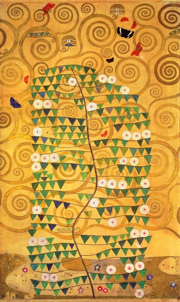 Gustav Klimt, Tree of Life (Stoclet Frieze) c.1905-09 (tempera, w/c) (Klassische Moderne, Malerei, dekorativ, Jugendstil, Baum, Lebensbaum, Ornamente, geometrische Formen, Wunschgröße, Wohnzimmer, Treppenhaus, Schlafzimmer,  gold/bunt)