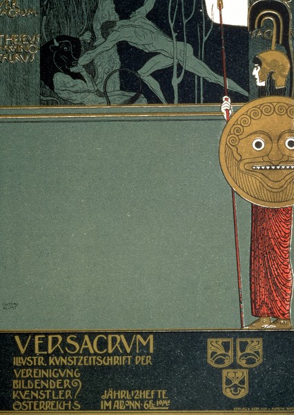 Gustav Klimt, Cover of 'Ver Sacrum', the journal of the Viennese Secession, depicting Theseus and the Minotaur, at the time of the first Secession exhibition in Vienna, 1898 (lithograph) (Mythologie, Minotaurus, Kampf, Theseus, Kriegerin, Cover, Titelblatt, Kunstzeitschrift, Wiener Secession, Jugendstil, Grafik, Wohnzimmer, Treppenhaus, Wunschgröße, bunt)