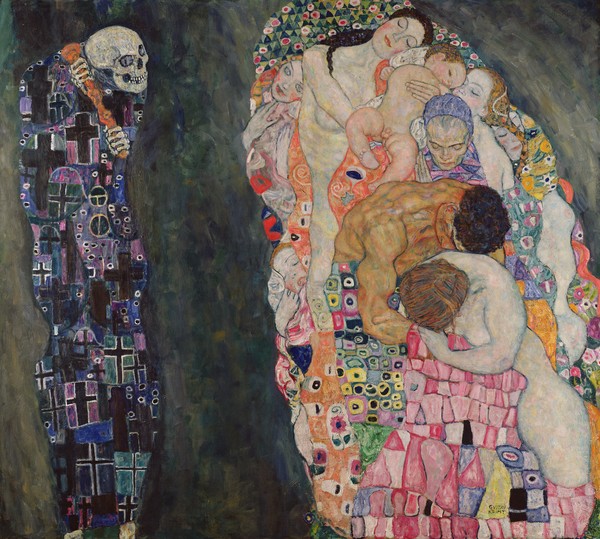 Gustav Klimt, Death and Life, c.1911 (oil on canvas) (Wunschgröße, Klassische Moderne, Jugendstil, dekorativ, Tod und Leben, Skelett, Menschen, Frauen, Männer, Kinder, Ornamente, bunt, Wohnzimmer, Treppenhaus, Schlafzimmer, Malerei)