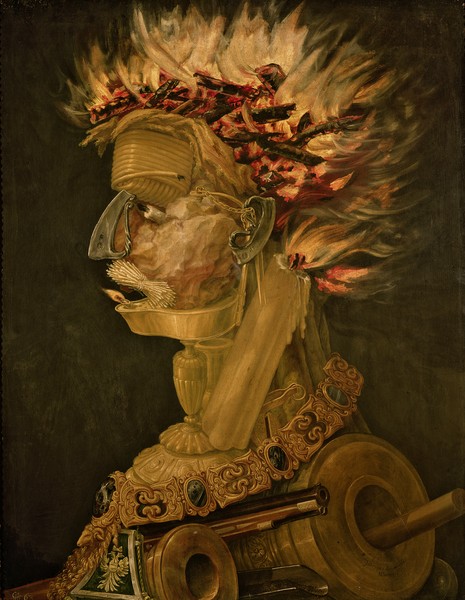 Giuseppe Arcimboldo, Fire, 1566 (oil on wood) (Wunschgröße, Gesicht, Portrait,  Feuer, Elemente, Flammen, Personifizierung, bizarr, Manierismus, Allegorie, Figurativ, Klassiker, Wohnzimmer, bunt)