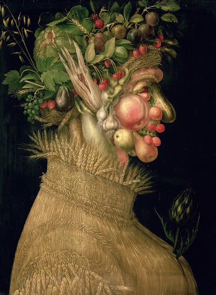 Giuseppe Arcimboldo, Summer, 1563, (oil on canvas) (Wunschgröße, Gesicht, Portrait, Früchte, Gemüse, Ähren, Jahreszeit, Personifizierung, bizarr, Manierismus, Allegorie, Figurativ, Klassiker, Wohnzimmer, Esszimmer, bunt)