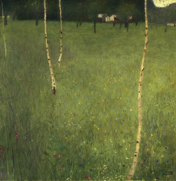 Gustav Klimt, Farmhouse with Birch Trees, 1900 (oil on canvas) (Klassische Moderne,dekorativ, Jugendstil, Farmhaus, Bauernhof, Birken, Bäume, Wiese, bunt, Wohnzimmer, Treppenhaus, Schlafzimmer, Wintergarten, Malerei, Wunschgröße)