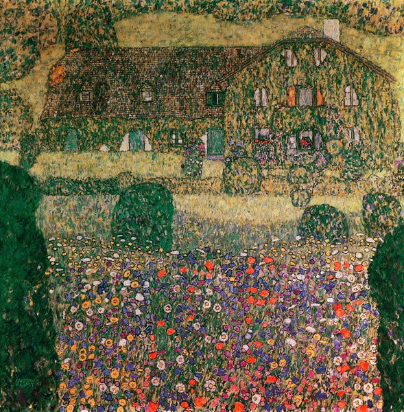 Gustav Klimt, Country House by the Attersee, c.1914 (oil on canvas) (Klassische Moderne,dekorativ, Jugendstil, Landhaus, Bauernhof, Blumengarten, Sommer, Blüten, üppig, Wiese, bunt, Wohnzimmer, Treppenhaus, Malerei, Wunschgröße)