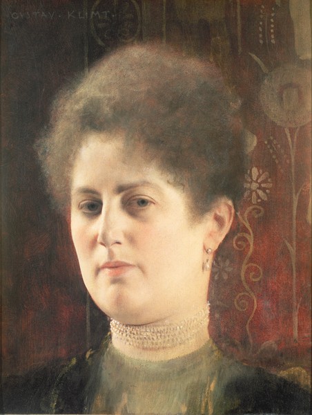 Gustav Klimt, Portrait of a lady (Klassische Moderne,dekorativ, Jugendstil, Eros&People, Frau, Portrait, Gesicht, halskette, Perlen, Hochsteckfrisur, bunt, Wohnzimmer, Treppenhaus,  Malerei, Wunschgröße)