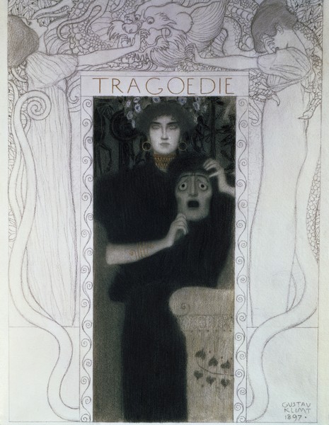 Gustav Klimt, Tragedy, 1897 (drawing) (Jugendstil, Wiener Sezession, Maske, Frau,  Tragödie, Schauspiel, Rahmen, Drachen, Malerei, Zeichnung, Wohnzimmer, Theater, Wunschgröße)