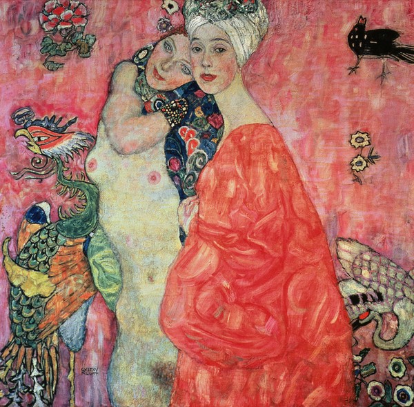 Gustav Klimt, The Girlfriends, 1916-17 (oil on canvas) (destroyed in 1945) (Klassische Moderne, Jugendstil, Erotik, Frauen, Freundinnen, Akt, nackt, Ornamente, bunt, Wohnzimmer, Treppenhaus, Schlafzimmer, Malerei, Wunschgröße)