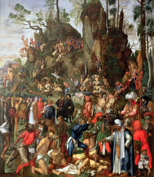 Johann Christian Ruprecht, Martyrdom of the Ten Thousand, copy of a painting by Albrecht Durer, 1653 (oil on panel) (Matyrium, 10.000, zehntausend Märtyrer, Albrecht Dürer, Adaption, Christen, Mord, Totschlag, Gewalt, Religion, Malerei, Wohnzimmr, Treppenhaus, Wunschgröße, bunt)