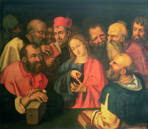 ALBRECHT Dürer, Christ, aged twelve, among the scribes, 16th or 17th century (oil on panel) (Jesus Christus, Schriftgelehrte, Religiös, Klassiker, Alte Meister, Wohnzimmer, Treppenhaus, Renaissance, Wunschgröße, Malerei, bunt)