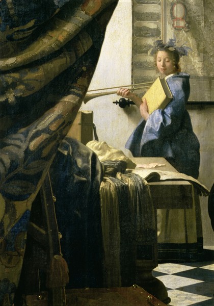 Jan Vermeer, The Artist's Studio, c.1665-6 (oil on canvas) (detail of 408) (Interieur, Zimmer, Einblick,  Vorhang, Musikerin, junge Frau, Tücher, Atelier, Instrumente, Malerei, Wunschgröße, Barock, Niederlande, goldenes Zeitalter, Wohnzimmer, bunt)