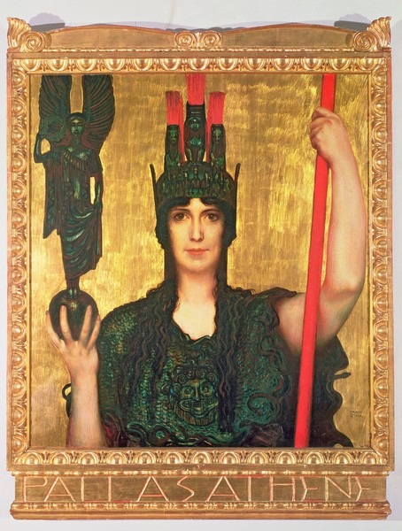 Franz von Stuck, Pallas Athena, 1898 (panel) (Pallas Athene, Mythologie, griechisch, Göttin, Weisheit, Mythologie, Jugendstil, Malerei, Wohnzimmer, Wunschgröße, Klassiker, gold/bunt)