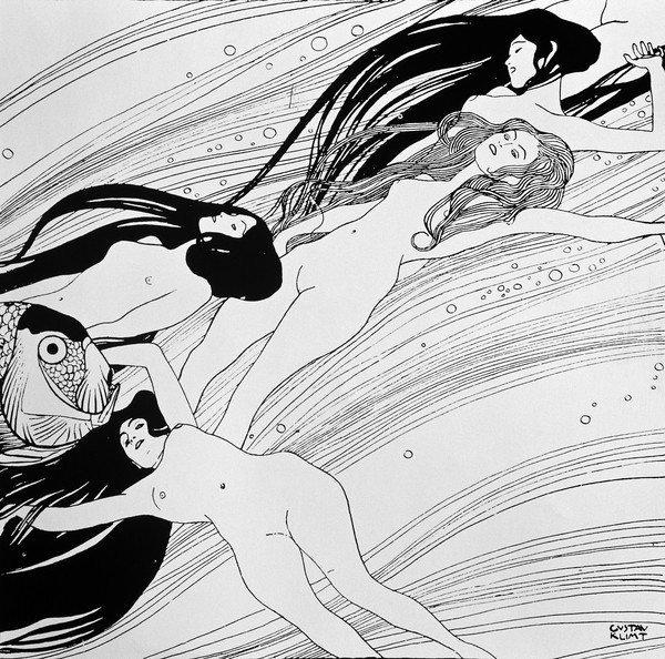 Gustav Klimt, The Blood of Fish, published in 'Ver Sacrum' magazine, 1898 (engraving) (Wunschgröße, Klassische Moderne, Jugendstil, dekorativ, Eros&People, Frauen, Akt, Wasser, Fisch, schwarz / weiß, Wohnzimmer, Treppenhaus, Schlafzimmer, Malerei)