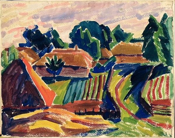 Alexej von Jawlensky, Landscape, 1908-12 (w/c on paper) (Klassische Moderne,  Expressionismus, Landschaft, Hügel, Dorf, Malerei, Wohnzimmer, Treppenhaus, Wunschgröße, bunt)