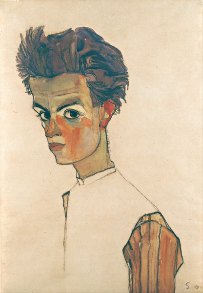Egon Schiele, Self-Portrait with Striped Shirt, 1910 (graphite & w/c on paper)